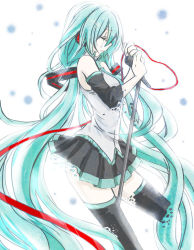 Rule 34 | 1girl, bad id, bad pixiv id, detached sleeves, closed eyes, green hair, hatsune miku, long hair, microphone, microphone stand, mono969211, necktie, skirt, solo, tears, thighhighs, twintails, very long hair, vocaloid