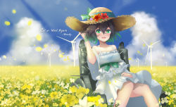 Rule 34 | 1girl, :d, bare shoulders, dress, flower, green eyes, green hair, hat, highres, honkai (series), honkai impact 3rd, kampher (yekxiong), looking at viewer, off shoulder, open mouth, outdoors, sitting, smile, solo, straw hat, summer, sundress, sunflower, wendy (honkai impact), white dress