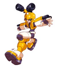 Rule 34 | 1girl, absurdres, aile (mega man zx), arm cannon, black bodysuit, blush stickers, bodysuit, brown hair, cosplay, cropped jacket, crossover, crotch plate, green eyes, highres, horns, jacket, medarot, mega man (series), mega man zx, metabee, metabee (cosplay), open clothes, open jacket, short hair, shoutaro saito, simple background, weapon, white background