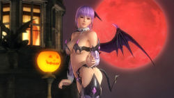 Rule 34 | 1girl, 3d, alternate costume, ayane (doa), breasts, dead or alive, dead or alive 5, full moon, halloween, large breasts, moon, night, official art, official wallpaper, purple hair, solo, underboob, wallpaper, wings