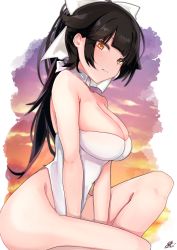 Rule 34 | 1girl, absurdres, azur lane, black hair, breasts, brown eyes, casual one-piece swimsuit, chiru (218mg), cleavage, cloud, gradient sky, hair flaps, highres, large breasts, long hair, looking at viewer, one-piece swimsuit, ponytail, sitting, sky, solo, strapless, strapless one-piece swimsuit, sunset, swimsuit, takao (azur lane), white one-piece swimsuit