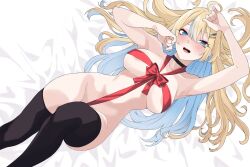 Rule 34 | 1girl, :d, ahoge, areola slip, armpits, bed, bed sheet, black thighhighs, blonde hair, blue eyes, blue hair, blush, breasts, choker, collarbone, convenient leg, highres, indie virtual youtuber, laibaht, large breasts, long hair, looking at viewer, lying, medium breasts, multicolored hair, naked ribbon, on back, on bed, open mouth, ribbon, smile, solo, thighhighs, torakami14, virtual youtuber