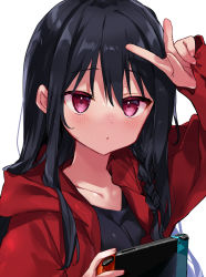 Rule 34 | 1girl, absurdres, arm up, black hair, black shirt, blush, braid, collarbone, controller, game controller, genderswap, genderswap (mtf), hair between eyes, hair strand, hand up, highres, holding, holding controller, holding game controller, jacket, kurimochi chizuru, long hair, looking at viewer, nintendo, nintendo switch, open clothes, open jacket, original, parted lips, red eyes, red jacket, shirt, sidelocks, solo, upper body, v, white background