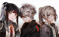 Rule 34 | 1girl, 2boys, black hair, black jacket, black shirt, brother and sister, closed mouth, collared shirt, commentary request, dress shirt, gradient background, grey background, grey eyes, grey hair, grey jacket, hair between eyes, hood, hood down, hooded jacket, jacket, kawacy, long hair, multiple boys, open clothes, open jacket, original, pointy ears, ponytail, red eyes, shirt, siblings, upper body, white background, white shirt