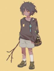Rule 34 | 1boy, aged down, arknights, arouni22, backpack, bag, bandaid, bandaid on leg, black hair, black sweater, brown footwear, choshanland plushy (arknights), dark-skinned male, dark skin, dirty, full body, grey shorts, holding, holding stick, charm (object), leaf, leaf on head, looking at viewer, male focus, shoes, short hair, shorts, simple background, sneakers, socks, solo, stick, sweater, thorns (arknights), undershirt, white socks, yellow background, yellow eyes