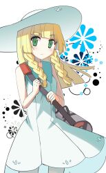 Rule 34 | 1girl, absurdres, bag, bare arms, blonde hair, blunt bangs, blush, braid, closed mouth, collared dress, commentary request, creatures (company), dress, duffel bag, frown, game freak, green eyes, hat, highres, holding strap, lillie (pokemon), long hair, looking at viewer, nintendo, peppedayo ne, poke ball theme, pokemon, pokemon sm, see-through, sleeveless, sleeveless dress, solo, sun hat, sundress, twin braids, white background