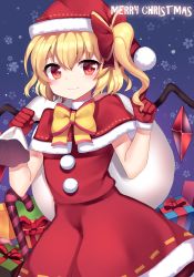 Rule 34 | 1girl, bad id, bad pixiv id, bag, bell, blonde hair, bow, box, candy, candy cane, capelet, dress, flandre scarlet, food, gift, gift box, gloves, hair bell, hair ornament, hat, highres, looking at viewer, merry christmas, papo, red dress, red eyes, red gloves, santa costume, santa hat, side ponytail, smile, solo, touhou