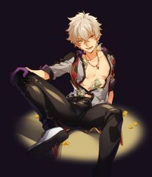 Rule 34 | 1boy, arm support, black background, black pants, coin, ensemble stars!, jewelry, male focus, money, tucked money, necklace, nipple slip, nipples, ogami koga, open clothes, open mouth, open shirt, pants, silver hair, simple background, siruphial, solo, spotlight, white footwear, yellow eyes