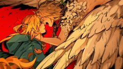 Rule 34 | 2girls, ambrosia (dungeon meshi), blonde hair, blue capelet, blush, capelet, closed eyes, commentary, dungeon meshi, ear blush, elf, english commentary, face-to-face, falin touden, falin touden (chimera), feathered wings, feathers, floating hair, from side, grabbing another&#039;s ear, hair ribbon, half updo, hand on another&#039;s cheek, hand on another&#039;s ear, hand on another&#039;s face, highres, holding, holding staff, leaf, liangluo287, long hair, marcille donato, monster girl, multiple girls, open mouth, pointy ears, profile, red background, ribbon, short hair, simple background, spoilers, staff, upper body, wide-eyed, wings, yellow eyes, yuri