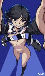 1girl absurdres black_hair breasts censored censored_nipples convenient_censoring derpixon foreshortening grin highres looking_at_viewer maebari multicolored_eyes navel necktie open_clothes original outstretched_arms reaching reaching_towards_viewer short_hair smile solo teeth