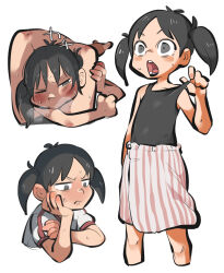 Rule 34 | 1girl, 1other, ambiguous gender, angry, barefoot, black hair, black tank top, blush, breath, closed mouth, commentary request, cropped legs, cropped torso, frown, glaring, grey eyes, gym shirt, half-closed eye, hand on another&#039;s leg, hand on own arm, hand on own chin, highres, looking down, multiple views, nishikawa noriko, one eye closed, open mouth, scissorhold, shirt, short sleeves, short twintails, strap pull, tank top, tirarizun, towel around waist, twintails, urayasu tekkin kazoku, v-shaped eyebrows, white shirt, wide-eyed, yurie mouth