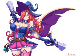 Rule 34 | 1girl, bare shoulders, bewitching miss fortune, blush, breasts, candle, cleavage, eyes visible through hair, green eyes, hair over one eye, hat, huge breasts, league of legends, long hair, looking at viewer, red hair, miss fortune (league of legends), simple background, smile, solo, tagme, thighhighs, torahime (roland00), white background, witch hat, zettai ryouiki