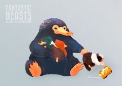 Rule 34 | artist name, copyright name, fantastic beasts and where to find them, fur trim, grey background, harry potter (series), jippei, niffler, no humans, sitting, tail, wizarding world