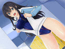 Rule 34 | 1girl, black hair, blue eyes, blurry, breasts, cameltoe, competition swimsuit, depth of field, dutch angle, jacket, large breasts, locker, locker room, long hair, nonaka chikin, one-piece swimsuit, original, solo, swimsuit, swimsuit under clothes, track jacket
