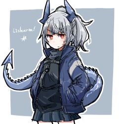 Rule 34 | 1girl, arknights, black scarf, black shirt, black skirt, blazer, blue background, blue jacket, border, character name, commentary, cowboy shot, dog-san, dragon girl, dragon horns, dragon tail, grey hair, hands in pockets, horns, jacket, liskarm (arknights), long hair, looking at viewer, open clothes, open jacket, outline, outside border, ponytail, red eyes, scarf, shirt, skirt, solo, sweatdrop, tail, v-shaped eyebrows, white border, white outline