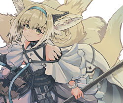 Rule 34 | 1girl, absurdres, animal ears, arknights, bare shoulders, black vest, blonde hair, blush, breasts, closed mouth, dress, hair rings, hairband, highres, holding, holding staff, infection monitor (arknights), looking at viewer, material growth, multiple tails, nine-tailed fox, oripathy lesion (arknights), pouch, shitoro, short hair, sleeveless, sleeveless dress, small breasts, smile, solo, staff, suzuran (arknights), tail, vest, white dress, wrist cuffs