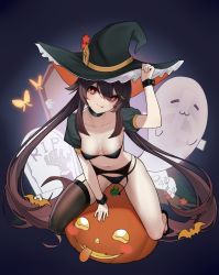 Rule 34 | 1girl, absurdres, bat (animal), black bra, black panties, black thighhighs, bra, breasts, brown hair, choker, detached sleeves, garter belt, garter straps, genshin impact, ghost, halloween, hand on headwear, hat, highres, hu tao (genshin impact), jack-o&#039;-lantern, lingerie, long hair, looking at viewer, navel, panties, pumpkin, red hair, single thighhigh, sitting, skull, small breasts, solo, star-shaped pupils, star (symbol), symbol-shaped pupils, terebi (shimizu1996), thighhighs, tombstone, tongue, tongue out, twintails, underwear, underwear only, very long hair, witch hat, wrist cuffs
