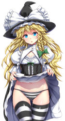 Rule 34 | 1girl, black skirt, blonde hair, blue eyes, bow, braid, breasts, cleavage, clothes lift, commentary request, corset, cowboy shot, ebi 193, gluteal fold, green bow, hat, hat bow, head tilt, kirisame marisa, lifting own clothes, long hair, looking at viewer, navel, panties, puffy sleeves, shiny clothes, shiny skin, side braid, simple background, skirt, skirt lift, small breasts, solo, standing, striped clothes, striped panties, striped thighhighs, thigh gap, thighhighs, touhou, underwear, white background, white bow, witch hat