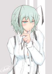 Rule 34 | 1girl, alternate breast size, antennae, aqua eyes, arm behind back, blouse, blush, breasts, buttons, cheek poking, cube85, green hair, hair between eyes, highres, large breasts, lips, long sleeves, looking at viewer, poking, shirt, short hair, signature, solo, suspenders, touhou, upper body, white shirt, wriggle nightbug