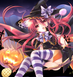Rule 34 | 1girl, alternate costume, bread, candy, cloud, cloudy sky, cross, food, halloween, hat, jack-o&#039;-lantern, lollipop, long hair, melon bread, open mouth, pumpkin, red eyes, red hair, shakugan no shana, shana, sky, solo, striped clothes, striped thighhighs, tachitsu teto, thighhighs, witch, witch hat