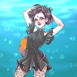 Rule 34 | 1girl, absurdres, aqua eyes, black dress, breasts, dress, extra eyes, hand on own head, hands up, highres, medium breasts, medium hair, messenger (41986996), multicolored hair, octopus, original, simple background, solo, standing, trypophobia