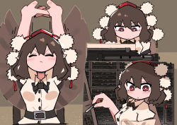 Rule 34 | 1girl, arms up, belt, black bow, black bowtie, black hair, bow, bowtie, bright pupils, chair, highres, holding, medium hair, multiple views, pointy ears, pom pom (clothes), red eyes, red headwear, shameimaru aya, shelf, shirt, short sleeves, stretching, touhou, typewriter, white pupils, white shirt, wings, yugi 0928