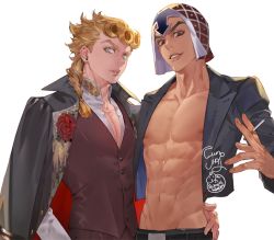 Rule 34 | 2boys, abs, arms around waist, bare pectorals, belt, black eyes, blonde hair, braid, braided bangs, braided ponytail, cigarette, collarbone, collared jacket, earrings, flower, formal, funpjinju, giorno giovanna, green eyes, guido mista, hat, holding, holding cigarette, jacket, jewelry, jojo no kimyou na bouken, long hair, long sleeves, looking at viewer, male focus, midriff, multiple boys, navel, nipples, open clothes, open jacket, open mouth, pectorals, simple background, suit, toned, toned male, vento aureo, vest, white background