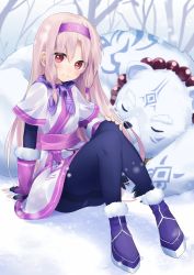 Rule 34 | ainu clothes, bead necklace, beads, bear, fate/grand order, fate (series), fingerless gloves, fur trim, gloves, hairband, hand on own knee, highres, jewelry, koruta (nekoimo), long hair, necklace, pantyhose, polar bear, shirou (bear) (fate), sitonai (fate), sitting, sleeping, smile, snow, solo