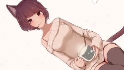 Rule 34 | 1girl, abstract background, animal ears, blush, bra strap, breasts, cat ears, cat tail, commentary request, cup, futoshi ame, highres, hot chocolate, looking at viewer, mug, original, ribbed sweater, short hair, smile, solo, sweater, tail, thighhighs, thighs