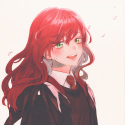 Rule 34 | 1girl, blush, breasts, collared shirt, green eyes, gryffindor, happy, harry potter (series), hogwarts school uniform, jacket, kurosujuu, lily evans, long hair, looking at viewer, necktie, open mouth, petals, red hair, red necktie, school uniform, shirt, simple background, smile, solo, sweater, upper body, wind, wizarding world