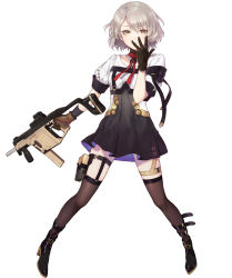 Rule 34 | 1girl, black footwear, black gloves, black thighhighs, brown eyes, brown gloves, choker, covering own mouth, dress, full body, girls&#039; frontline, gloves, grey hair, gun, hair between eyes, hand over own mouth, highres, holding, holding gun, holding weapon, kriss vector, legs apart, leon v, looking at viewer, multicolored clothes, multicolored dress, multicolored gloves, parted lips, red neckwear, short hair, short sleeves, solo, standing, submachine gun, thighhighs, trigger discipline, vector (girls&#039; frontline), weapon, white background, yellow eyes