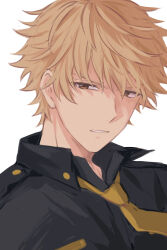 Rule 34 | 1boy, blonde hair, collared shirt, commentary request, helios rising heroes, highres, looking at viewer, male focus, necktie, parted lips, partial commentary, sekina, shirt, short hair, simple background, solo, white background, will sprout, yellow eyes, yellow necktie