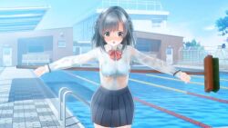 Rule 34 | 1girl, animated, black hair, blush, bound, bound wrists, bra, bra visible through clothes, broom, original, outdoors, outstretched arms, pool, poolside, school uniform, see-through, see-through shirt, serafuku, shirt, skirt, spread arms, standing, tachiinu, tagme, underwear, video, water, wet, wet clothes, wet shirt