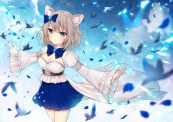Rule 34 | 1girl, amesato rune, animal, animal ear fluff, animal ears, bird, blue eyes, blue nails, blue skirt, blurry, blurry background, breasts, brown hair, cleavage, cleavage cutout, closed mouth, clothing cutout, commentary request, depth of field, highres, indie virtual youtuber, juliet sleeves, long hair, long sleeves, looking at viewer, medium breasts, nail polish, outstretched arms, pleated skirt, puffy sleeves, revision, sato ame, shirt, signature, skirt, sleeves past wrists, smile, solo, standing, virtual youtuber, white shirt, wide sleeves
