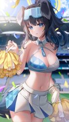 Rule 34 | 1girl, absurdres, animal ears, bangle, bare arms, bare shoulders, black hair, blue archive, blue eyes, bracelet, breasts, cheerleader, cleavage, cowboy shot, criss-cross halter, crop top, day, detached collar, dog ears, gloves, goggles, goggles on head, halterneck, hand up, hibiki (blue archive), hibiki (cheer squad) (blue archive), highres, holding, holding pom poms, jewelry, long hair, looking at viewer, medium breasts, mella (mell a12), midriff, millennium cheerleader outfit (blue archive), miniskirt, navel, official alternate costume, outdoors, parted lips, partially fingerless gloves, pleated skirt, pom pom (cheerleading), pom poms, ponytail, shirt, skirt, sleeveless, sleeveless shirt, solo, standing, stomach, sweat, two-tone shirt, white shirt, white skirt, wing collar