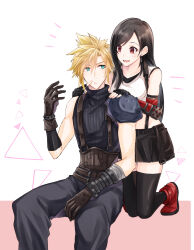 Rule 34 | 1boy, 1girl, absurdres, arm guards, armor, bare shoulders, black gloves, black hair, black skirt, black thighhighs, blonde hair, blue eyes, boots, cheek poking, cloud strife, crop top, earrings, final fantasy, final fantasy vii, final fantasy vii remake, fingerless gloves, gloves, hand on another&#039;s shoulder, hand up, highres, jewelry, kneeling, long hair, looking at another, mizuamememe, open mouth, poking, red eyes, red footwear, ribbed sweater, shoulder armor, single bare shoulder, single earring, sitting, skirt, spiked hair, suspender skirt, suspenders, sweatdrop, sweater, swept bangs, tank top, teeth, thighhighs, tifa lockhart, turtleneck, turtleneck sweater, upper teeth only, white tank top, zettai ryouiki