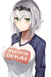 Rule 34 | 1girl, absurdres, blush, breasts, clothes writing, dogxfish, green eyes, hair between eyes, hairband, highres, hololive, large breasts, looking at viewer, meme attire, shirogane noel, shirt, short hair, simple background, solo, sugoi dekai, virtual youtuber, white hair