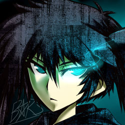 Rule 34 | 10s, 1girl, bad id, bad pixiv id, black hair, black rock shooter, black rock shooter (character), blue eyes, givuchoko, glowing, glowing eyes, lowres, portrait, ringed eyes, solo, twintails