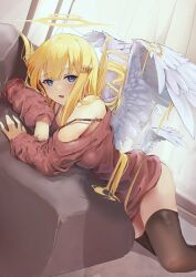 Rule 34 | 1girl, absurdres, angel, angel wings, arm support, backlighting, black thighhighs, blonde hair, blue eyes, bra strap, breasts, curtains, feathered wings, halo, highres, indoors, large breasts, long hair, looking at viewer, lounging, off shoulder, open mouth, original, sapota clone, solo, sweater, thighhighs, very long hair, white wings, wings