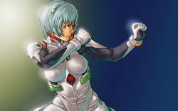 Rule 34 | 1girl, ayanami rei, blue hair, bodysuit, breasts, clenched hands, fighting stance, hair ornament, neon genesis evangelion, plugsuit, red eyes, short hair, take (draghignazzo), wallpaper