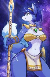 Rule 34 | 1girl, :3, absurdres, animal ears, animal nose, arm at side, arm tattoo, armor, artist name, bandeau, blue background, blue eyes, blue fur, blue gemstone, blue hair, blue theme, body fur, breasts, circlet, closed mouth, collarbone, dated, female focus, fox ears, fox girl, fox tail, furry, furry female, galaxy, gem, gold, green gemstone, hairband, happy, highres, hip focus, holding, holding polearm, holding weapon, ingi, jewelry, krystal, large breasts, leg tattoo, light rays, loincloth, looking to the side, neck ring, necklace, nintendo, outdoors, polearm, profile, red gemstone, short hair, shoulder armor, signature, smile, snout, solo, space, spear, star (sky), star fox, star fox adventures, tail, tail raised, tattoo, thighs, two-tone fur, vambraces, weapon, white fur, wide hips, yellow bandeau, yellow hairband