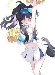 Rule 34 | 1girl, absurdres, animal ears, arm up, black hair, blue archive, blue eyes, blue skirt, breasts, cheerleader, crop top, dog ears, dog girl, dog tail, goggles, goggles on head, halo, hibiki (blue archive), hibiki (cheer squad) (blue archive), highres, holding, holding pom poms, lechiennoir, medium breasts, millennium cheerleader outfit (blue archive), miniskirt, navel, official alternate costume, pleated skirt, pom pom (cheerleading), pom poms, simple background, skirt, solo, standing, star sticker, sticker on face, tail, text print, twintails, two-tone skirt, white background, white skirt