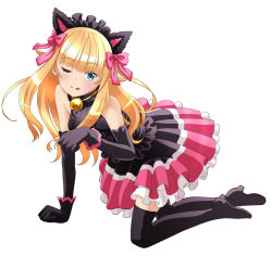 Rule 34 | 1girl, ;p, all fours, animal ears, arm support, bell, black footwear, black gloves, black shirt, blonde hair, blue eyes, blunt bangs, boots, collar, elbow gloves, fake animal ears, floating hair, full body, gloves, layered skirt, long hair, looking at viewer, maid headdress, miniskirt, neck bell, one eye closed, princess (princess principal), princess principal, shirt, simple background, skirt, sleeveless, sleeveless shirt, solo, taniguchi gou, thigh boots, thighhighs, tongue, tongue out, white background