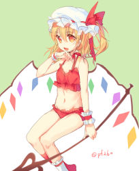 Rule 34 | 1girl, :d, bad id, bad pixiv id, bikini, blonde hair, bow, flandre scarlet, frilled bikini, frills, hand on own chin, hat, hat bow, laevatein, mob cap, navel, open mouth, pf, red bikini, red eyes, side ponytail, simple background, smile, solo, swimsuit, touhou, wings, wrist cuffs