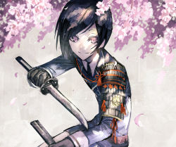 Rule 34 | 10s, 1boy, 369minmin, armor, bad id, bad pixiv id, black gloves, black hair, cherry blossoms, double-breasted, gloves, holding, holding weapon, japanese armor, looking at viewer, male focus, military, military uniform, necktie, purple eyes, short hair, short sword, shoulder armor, smile, sode, solo, sword, tantou, touken ranbu, uniform, upper body, weapon, yagen toushirou