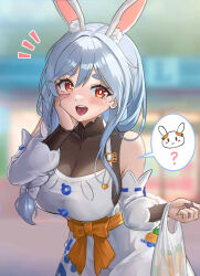 Rule 34 | 1girl, animal ear fluff, animal ears, bag, blue hair, blurry, blurry background, blush, bodystocking, bow, breasts, bright pupils, carrot, cleavage, detached sleeves, dress, freeze-ex, hand on own cheek, hand on own face, hololive, long braid, long hair, multicolored hair, open mouth, orange bow, pekomama, pekomon (usada pekora), plastic bag, rabbit ears, rabbit girl, red eyes, see-through, see-through cleavage, short eyebrows, solo, spoken character, streaked hair, teeth, tongue, upper teeth only, virtual youtuber, white bow, white dress, white hair, white pupils, white sleeves
