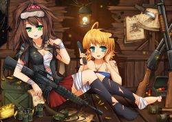Rule 34 | 2girls, 2igrls, ammunition, anti-personnel mine, anti-personnel weapon, aqua eyes, ascot, assault rifle, bad id, bad pixiv id, badge, bandages, bare shoulders, barefoot, blonde hair, bomb, breasts, brown hair, bullet, bullet hole, cleavage, earrings, explosive, goggles, goushou, green eyes, grenade, gun, hair ornament, hairclip, hand grenade, handgun, insignia, jewelry, knife, long hair, looking at viewer, m16, m18 claymore mine, medium breasts, mine (weapon), multiple girls, necklace, open mouth, original, poster (object), rifle, short hair, shotgun, shotgun shell, skirt, stick grenade, stielhandgranate, torn clothes, weapon