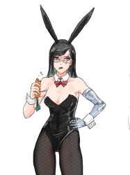 Rule 34 | 1girl, alternate costume, animal ears, black hair, bow, bowtie, breasts, carrot, cleavage, eating, fishnet pantyhose, fishnets, glasses, iron (path to nowhere), jrnc23, leotard, long hair, medium breasts, pantyhose, path to nowhere, playboy bunny, prosthesis, prosthetic arm, rabbit ears, red bow, red bowtie, scar, scar across eye, solo, wrist cuffs