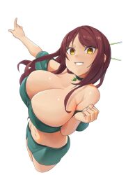 Rule 34 | 1girl, ajidot, bare shoulders, breasts, brown hair, choker, cleavage, commentary request, crop top, cropped legs, green choker, green shirt, green skirt, grin, highres, korean commentary, large breasts, long hair, looking at viewer, midriff, miniskirt, navel, off-shoulder shirt, off shoulder, original, shirt, short sleeves, simple background, skirt, skirt set, smile, solo, standing, stomach, white background, yellow eyes