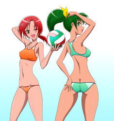 Rule 34 | 10s, 2girls, arm behind head, arm up, ass, ball, bikini, blush, bow, breasts, butt crack, collarbone, covered erect nipples, green eyes, green hair, hair bow, hino akane (smile precure!), holding, holding ball, looking back, midorikawa nao, multiple girls, one eye closed, ponytail, precure, red eyes, red hair, short hair, small breasts, smile precure!, sports bikini, swimsuit, volleyball (object), vyz03110, wink